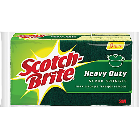 Scotch-Brite Heavy-Duty Scrub Sponges, 2.8"H x 4.5"W, 9 Pack, 5 / Carton, Yellow, Green