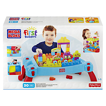 Mega Bloks First Builders Build 'n Learn Table - Portable Folding Table Building Set - Includes Over 20 First Builders Blocks and Two Rolling Wheelbases