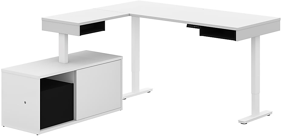 Bestar Pro-Vega 81"W L-Shaped Standing Corner Desk With Credenza, Black/White
