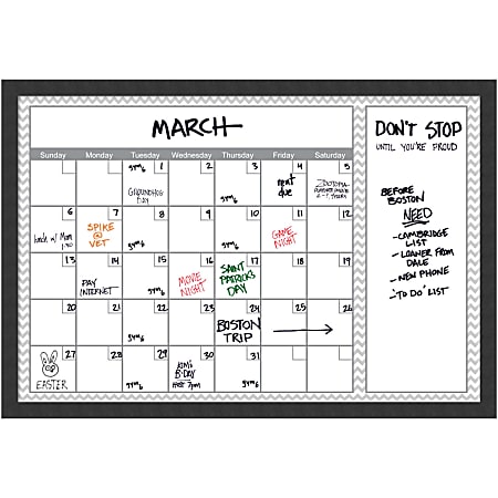 Amanti Art Dry-Erase Calendar, Glass, 38" x 26", Gray Chevron, Black Wood Frame