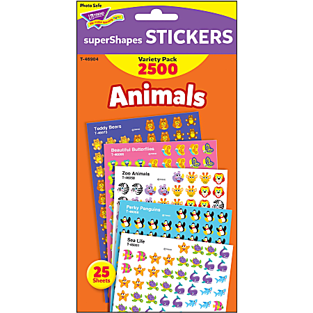 Trend Animals SuperShapes Stickers Variety Pack - Animal, Fun Theme/Subject (Sea Life, Butterfly, Penguin, Teddy Bear, Zoo Animal) Shape - Self-adhesive - Acid-free, Fade Resistant, Non-toxic - Multicolor - 2500 / Pack