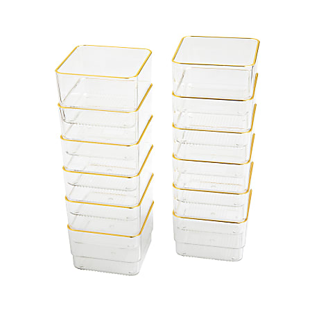 Martha Stewart Kerry Plastic Stackable Office Desk Drawer Organizers, 2"H x 3"W x 3"D, Clear/Gold Trim, Pack Of 12 Organizers