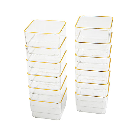 Martha Stewart Kerry Plastic Stackable Office Desk Drawer Organizers, 2"H x 3"W x 3"D, Clear/Gold Trim, Pack Of 12 Organizers