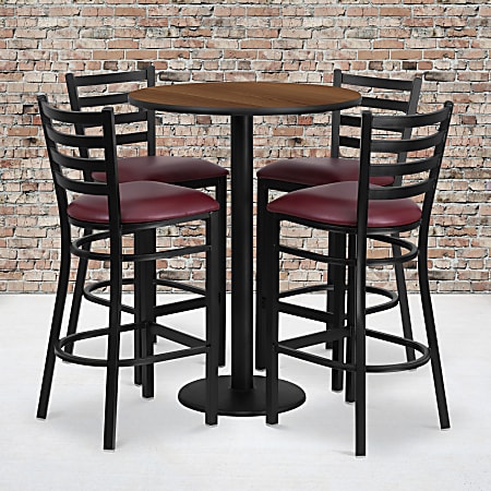 Flash Furniture Round Table And 4 Ladder-Back Bar Stools, 42”H x 30”W x 30”D, Walnut/Burgundy