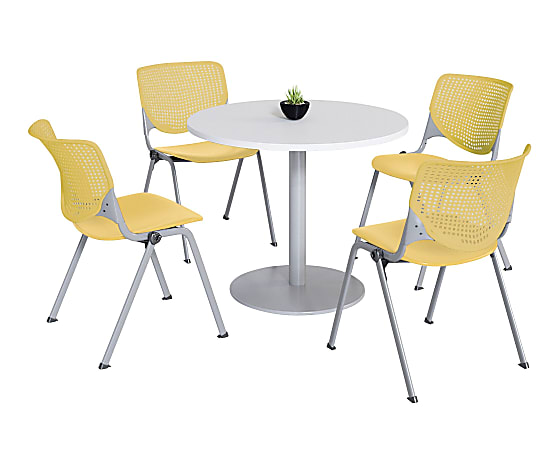 KFI Studios KOOL Round Pedestal Table With 4 Stacking Chairs, White/Yellow