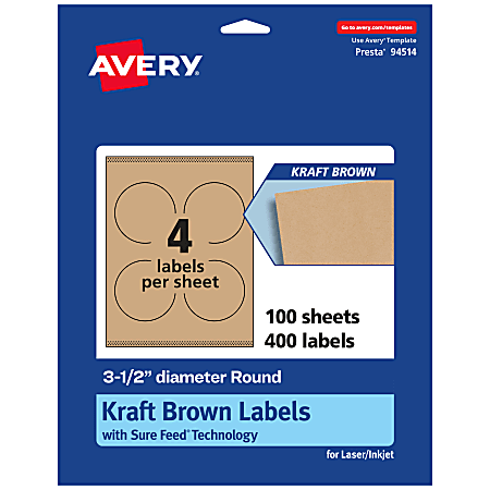 Avery® Kraft Permanent Labels With Sure Feed®, 94514-KMP100, Round, 3-1/2" Diameter, Brown, Pack Of 400