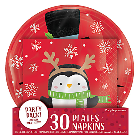 Amscan Christmas Snowy Friends Plates/Napkins Value Packs, 30 Plates And 30 Napkins Per Pack, Set Of 2 Packs