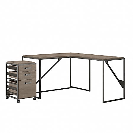 Bush Furniture Refinery 50"W L-Shaped Industrial Desk With 3-Drawer Mobile File Cabinet, Restored Gray, Standard Delivery