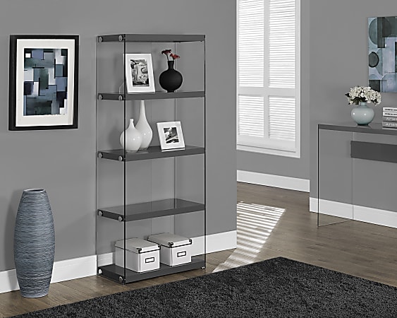 Monarch Specialties Open-Concept 5-Shelf Bookcase, Glossy Gray