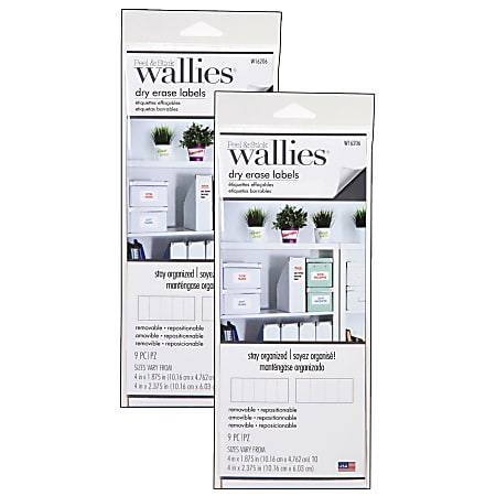 Wallies Dry-Erase Rectangle Labels, White, 9 Labels Per Set, Pack Of 2 Sets