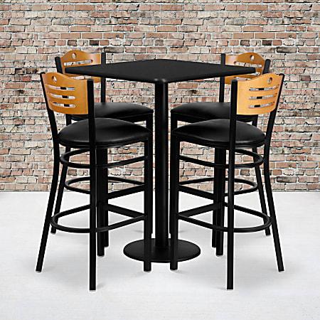Flash Furniture Square Laminate Table Set With 4 Wood Slat-Back Metal Barstools, 42"H x 30"W x 30"D, Black
