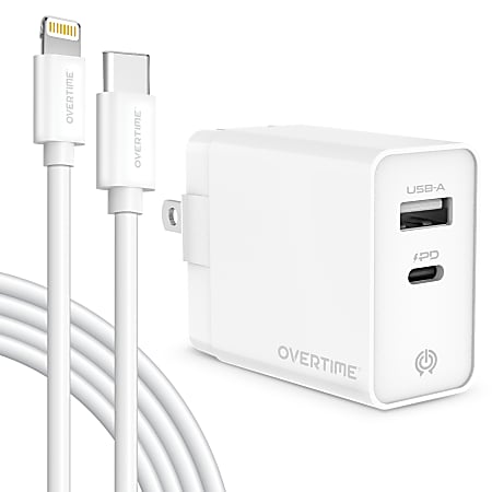 Overtime Dual-Port Wall Charger And 6' Apple MFi Lightning Cable, White