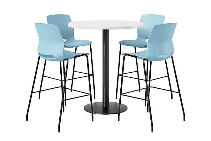 KFI Studios Proof Bistro Round Pedestal Table With Imme Barstools, 4 Barstools, 42", Designer White/Black/Sky Blue Stools