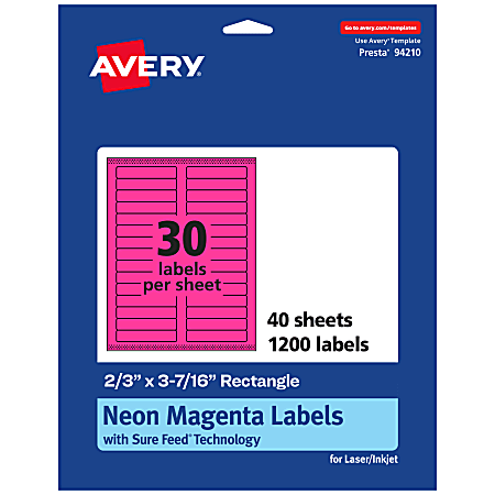 Avery® Printable Labels With Sure Feed® Technology, 94210-NMP40, Rectangle, 2/3" x 3-7/16", Matte Neon Magenta, Pack of 1200
