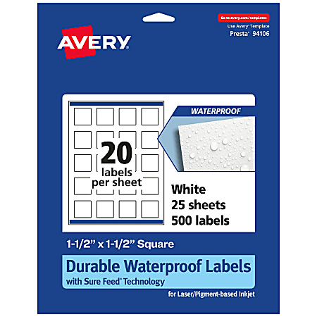 Avery® Waterproof Permanent Labels With Sure Feed®, 94106-WMF25, Square, 1-1/2" x 1-1/2", White, Pack Of 500