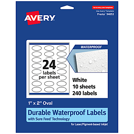 Avery® Waterproof Permanent Labels With Sure Feed®, 94053-WMF10, Oval, 1" x 2", White, Pack Of 240