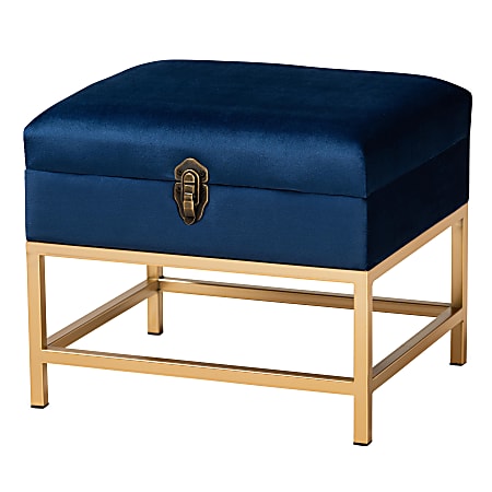 Baxton Studio Aliana Storage Ottoman, 13”H x 15-3/4”W x 13-7/16”D, Navy Blue/Gold