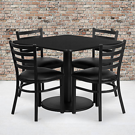 Flash Furniture Square Laminate Table Set With Round Base And 4 Ladder Back Metal Chairs, 30"H x 36"W x 36"D, Black