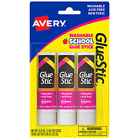 Avery® Permanent Glue Stic™,, Washable, Nontoxic, 0.26 oz., 3 Glue Sticks