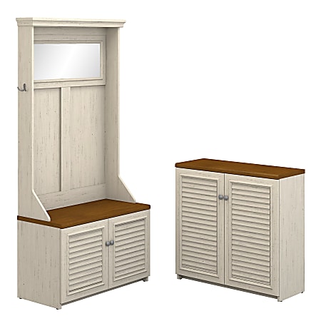 Bush Furniture Fairview Hall Tree With Shoe Bench And Small Storage Cabinet, Antique White/Tea Maple, Standard Delivery