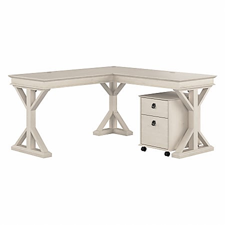 Bush® Furniture Homestead 60"W Farmhouse L-Shaped Desk With Mobile File Cabinet, Linen White Oak, Standard Delivery