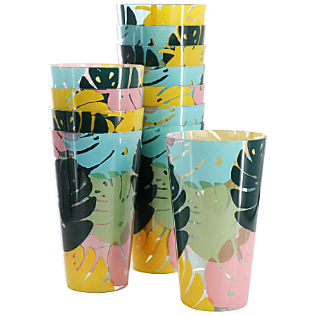 Gibson Home Tropical Sway 12-Piece Plastic Tumbler Set, 19 Oz, Multicolor Leaf Decal