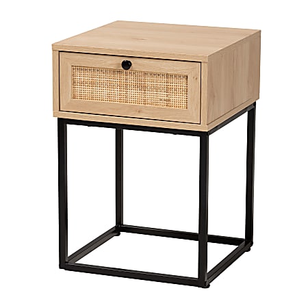 Baxton Studio Amelia Mid-Century Modern Transitional Wood And Rattan 1-Drawer End Table, 22-13/16”H x 15-3/4”W x 15-3/4”D, Natural Brown/Natural