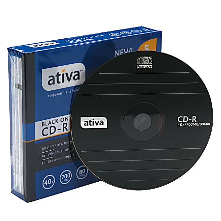 Ativa® CD-R Recordable Media With Slim Jewel Cases, 700MB/80 Minutes, Black, Pack Of 5