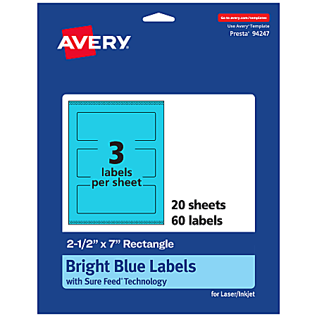 Avery® Print-To-The-Edge Labels With Sure Feed® Technology, 94247-BBP20, Rectangle, 2-1/2" x 7", Matte Bright Blue, Pack of 60
