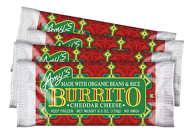Amy's Cheddar Cheese, Bean And Rice Burritos, 6 Oz, Pack Of 4 Burritos