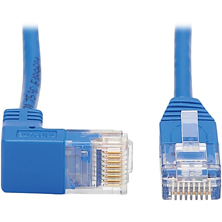Tripp Lite Cat6 Ethernet Cable Down Right Angled Slim Molded M/M Blue 2ft - First End: 1 x RJ-45 Male Network - Second End: 1 x RJ-45 Male Network - 1 Gbit/s - Patch Cable - Gold Plated Contact - 28 AWG - Blue