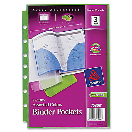 Avery® Binder Pockets, 5 1/2" x 8 1/2", Assorted, Pack Of 3