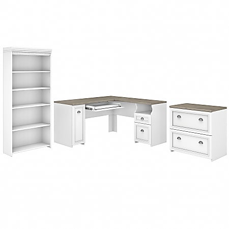 Bush Business Furniture Fairview 60"W L-Shaped Corner Desk With Lateral File Cabinet And 5-Shelf Bookcase, Shiplap Gray/Pure White, Standard Delivery