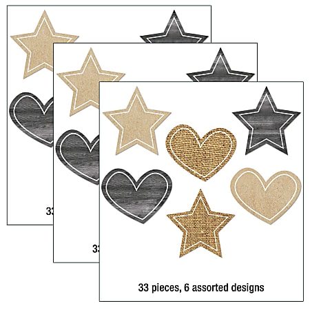 Carson Dellosa Education Cut-Outs, Schoolgirl Style Simply Stylish Burlap Stars And Hearts, 33 Cut-Outs Per Pack, Set Of 3 Packs