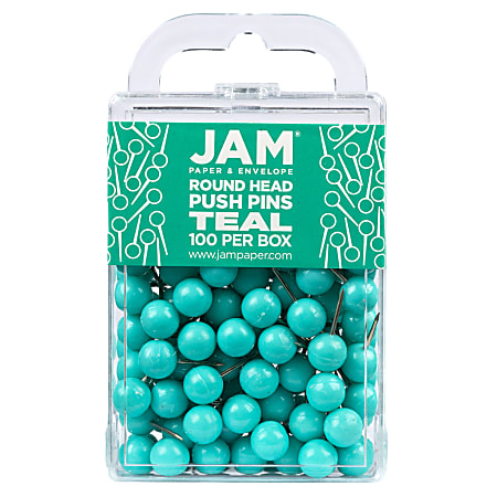 JAM Paper® Colorful Push Pins, 1/2", Teal, Pack Of 100 Push Pins