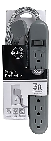 Cordinate 6-Outlet Surge Protector, 3' Cord, Dark Gray, 45809