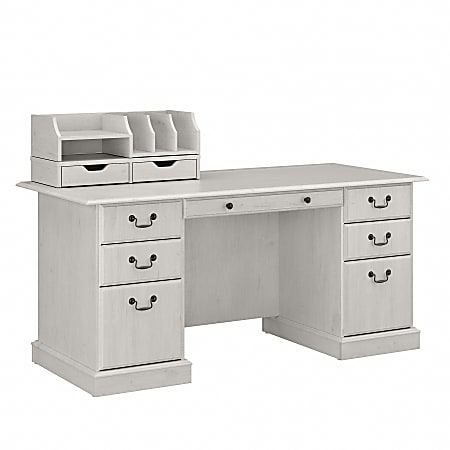 Bush Furniture Saratoga 66"W Executive Desk With Drawers And Desktop Organizers, Linen White Oak, Standard Delivery