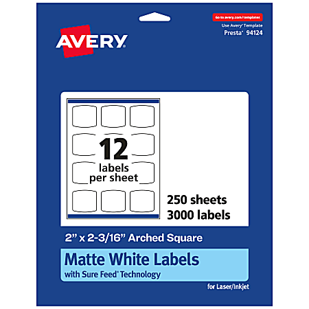 Avery® Permanent Labels With Sure Feed®, 94124-WMP250, Arched Square, 2" x 2-3/16", White, Pack Of 3,000