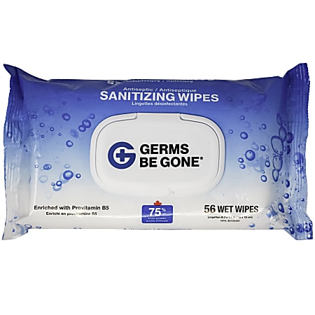 Germs Be Gone Sanitizing Wipes, 6.3" x 7.1", White, Pack of 56 Wipes