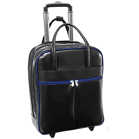 McKleinUSA Volo L Series Leather Laptop Overnighter Wheeled Carry-On Bag, Black/Navy Trim