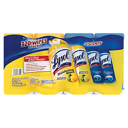 Lysol® Disinfecting Wipes, Lemon & Lime Blossom®/Ocean Fresh®, 7" x 8", White, 80 Sheets Per Canister, 4 Canisters Per Pack
