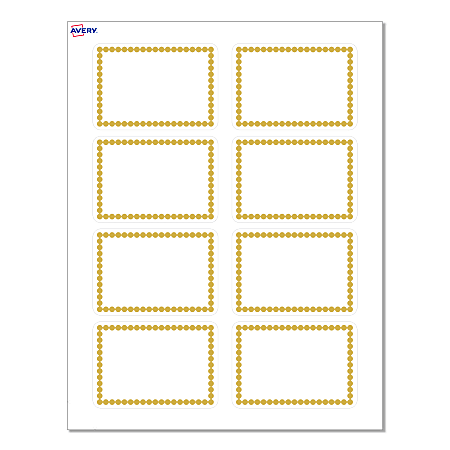 Avery® Adhesive Name Badges, S00-EY1-PRFNB10, Rectangle, 2-1/3" x 3-3/8", Matte White, Preprinted Gold Beads Design, Pack Of 80