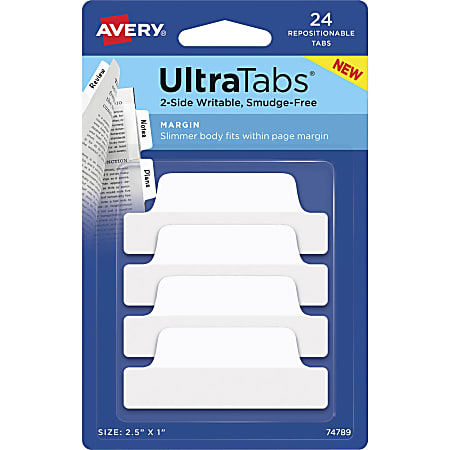 Avery® Ultra Tabs Repositionable Margin Tabs - 24 Tab(s) - 6 Tab(s)/Set - Clear Film, White Paper Tab(s) - 4