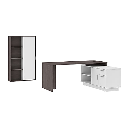 Bestar Equinox 72"W L-Shaped Corner Desk With Storage Cabinet, Bark Gray/White