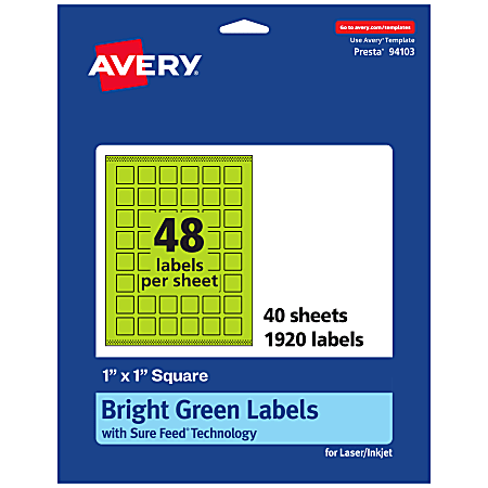 Avery® Print-To-The-Edge Labels With Sure Feed® Technology And Easy Peel®, 94103-BGP40, Square, 1" x 1", Matte Bright Green, Pack of 1920