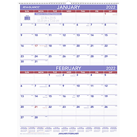 AT-A-GLANCE® Monthly Wirebound Wall Calendar, 22" x 29", January To December 2022, PM928