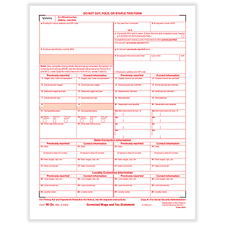 ComplyRight® W-2C Tax Forms, Federal Copy A, Laser, 8-1/2" x 11", Pack Of 25 Forms