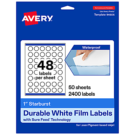 Avery® Waterproof Permanent Labels With Sure Feed®, 94606-WMF50, Starburst, 1", White, Pack Of 2,400