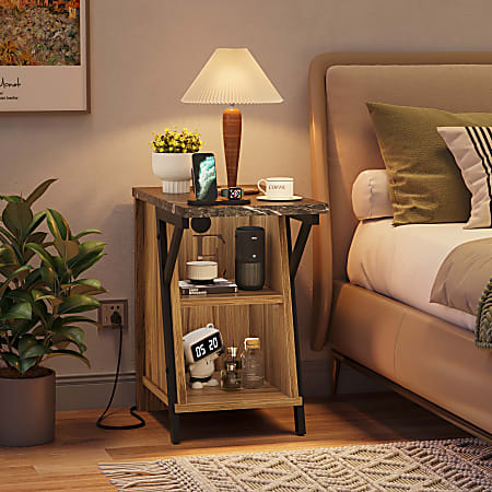 Bestier 13.78 in. W End side table Nightstand with adjustable shelf and cup holder, Pinewood