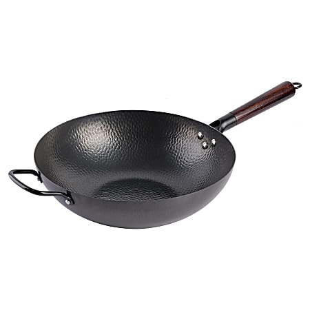 Gibson Home Stargaze Carbon Steel Nonstick Hammered Wok With Wood Handle, 13”, Black